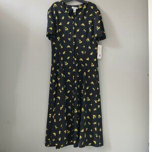 Liz Claiborne Women's Button Down Lemon Maxi Dress Shoulder Pads Vintage Size 14